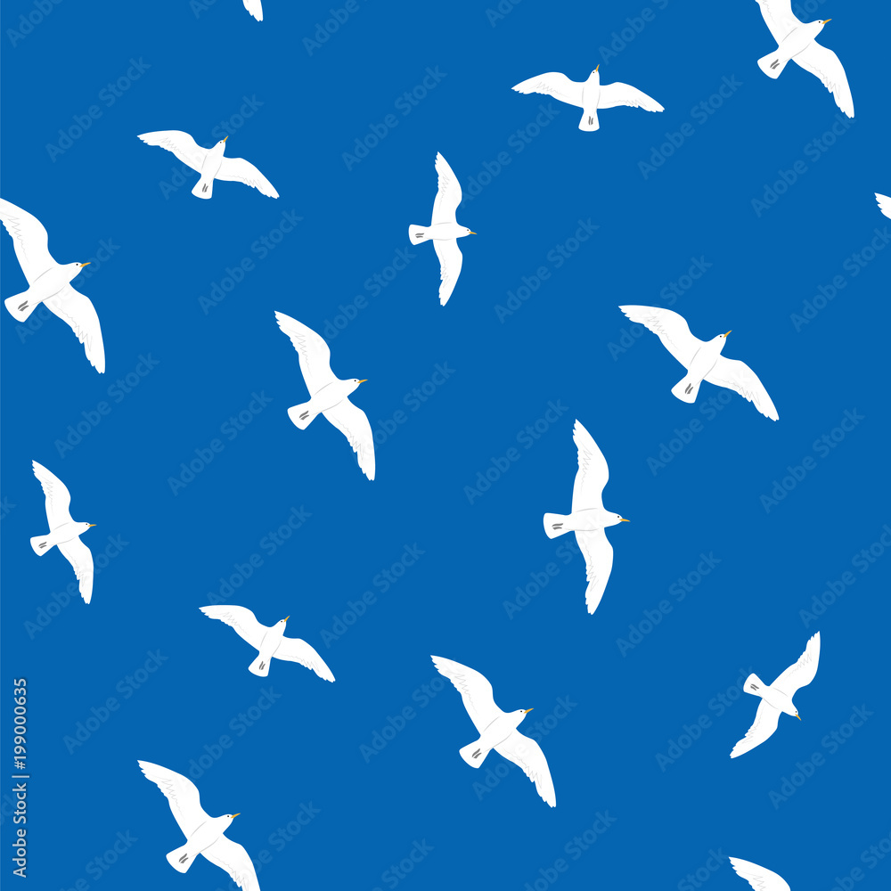 Obraz premium Beautiful flying seagulls in the blue sky seamless pattern