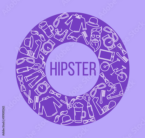 Hipster accessories set in line art style with trendy clothing, gadgets, bicycle, icons collection, template for banner, flyer, print, vector illustration