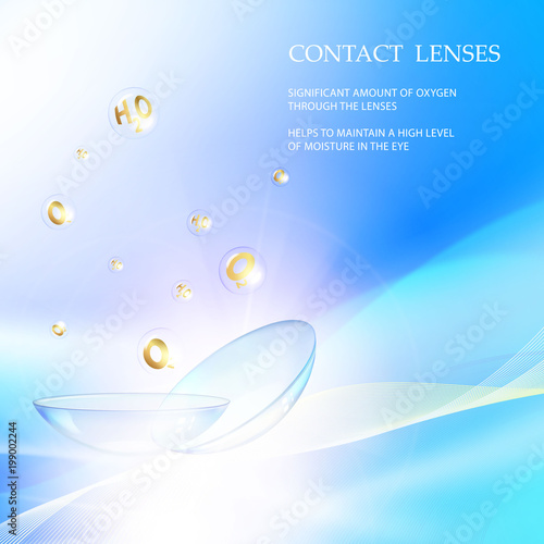 Best blue contact lenses for your eye care. Awesome medical illustration of vitamin bubbles over blue science background and text place at the top of image. Vector illustration.