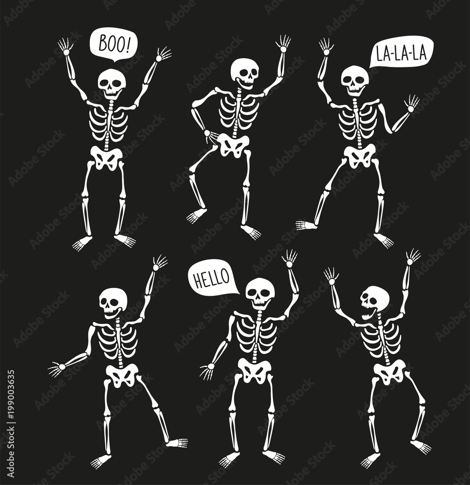 Fototapeta premium Funny skeletons in different poses with speech bubbles. Vector elements for halloween design.