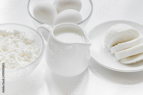 proteic breakfast concept with dairy products on table