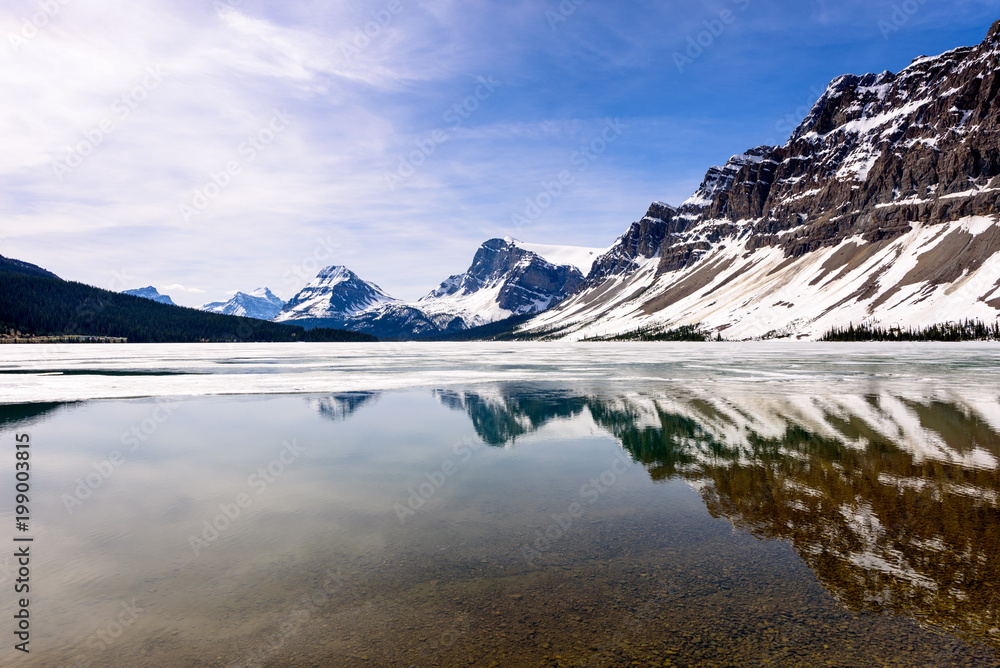 Panoramic view of Bow Lake with partially frozen, Alberta, Canada