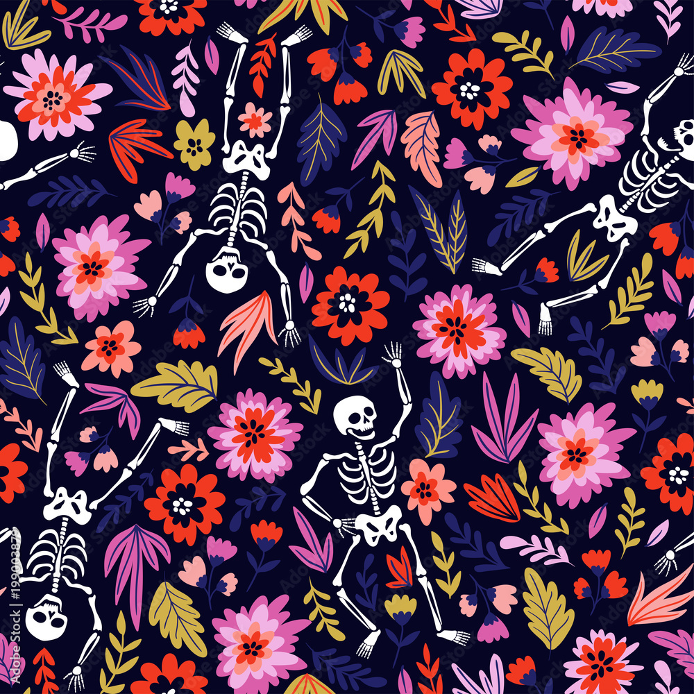 Dancing skeletons in the floral garden. Vector holiday illustration for Day of the dead or Halloween. Funny fabric design. Dancing skeletons in the floral garden. Vector holiday illustration for Day of the dead or Halloween. Funny fabric design.