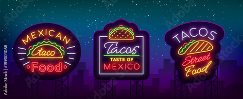 Tacos set of neon-style logos. Collection of neon signs, symbols, bright billboard, nightly advertising of Mexican food Tako. Vector illustration for your projects, restaurant, cafe