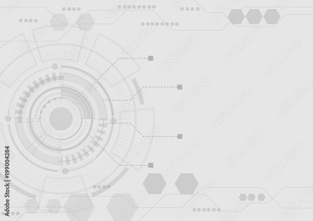 Futuristic circle with hexagons and circuit lines on white background