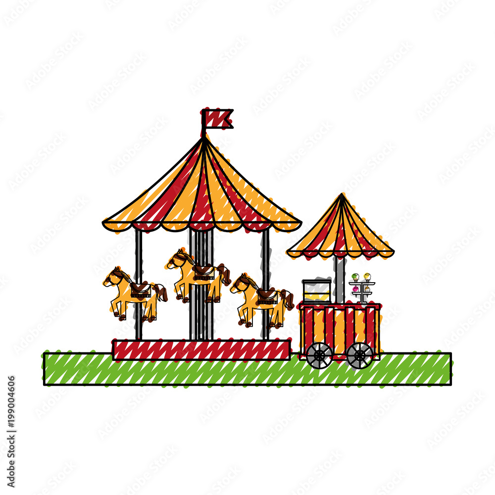 carousel carnival with ice cream shop kiosk vector illustration design