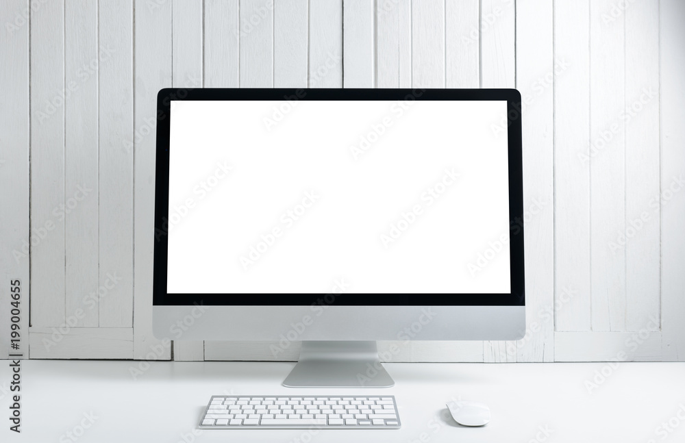 workplace background with Blank white screen modern desktop computer. workplace background with Blank white screen modern desktop computer.