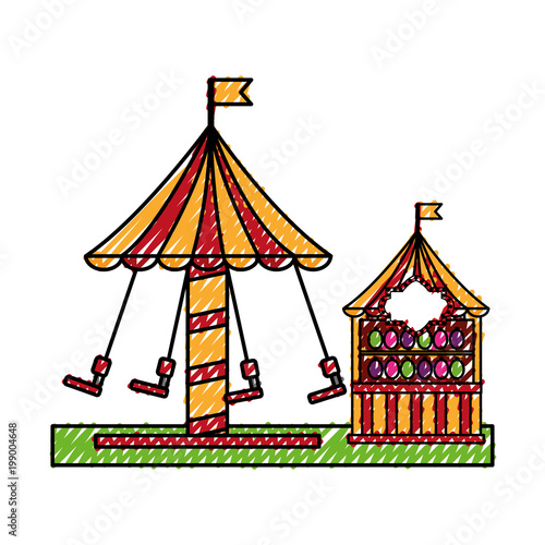 carousel carnival with target pumps kiosk vector illustration design