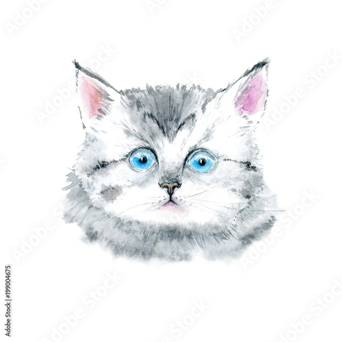 Postcard of a gray kitten.Cat greeting card.Watercolor hand drawn illustration.White background.