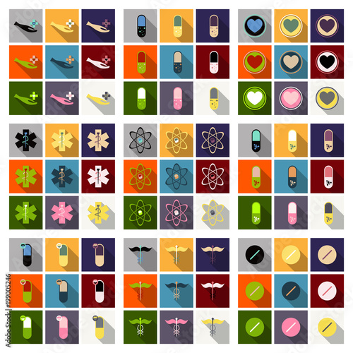 Medicine, pharmacy, hospital set of drugs with labels. Medication, pharmaceutics concept. Vector illustration