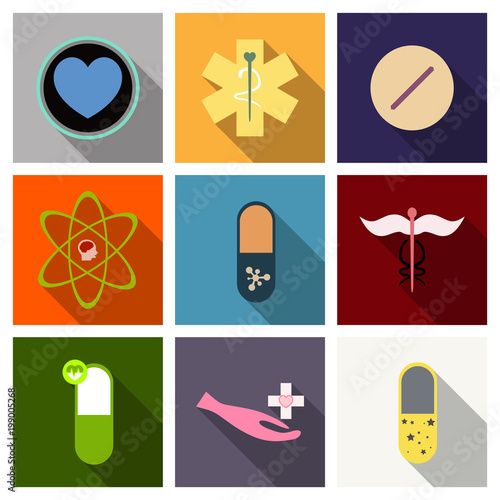 Medicine, pharmacy, hospital set of drugs with labels. Medication, pharmaceutics concept. Vector illustration photo