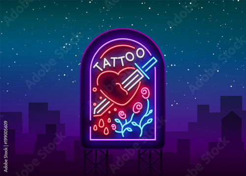 Tattoo studio logo in a neon style. Neon sign, emblem, a symbol of man's heart is pierced by the sword, bright billboards, neon on a tattoo for tattoo salon, studio. Vector illustration