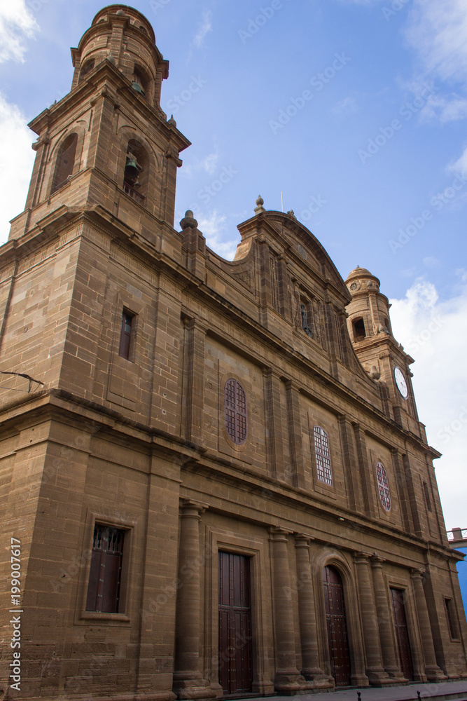 Santiago de los Caballeros church angle perspective in Galdar town, Gran Canaria. Famous religious landmark in Las Palmas province, Spain
