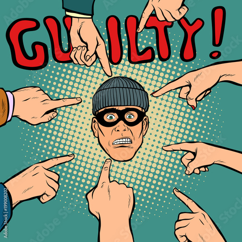 guilty thief robber, hands point to the center