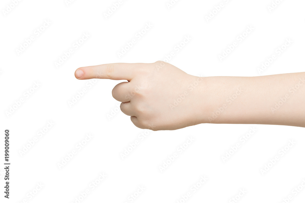 Kid hand pointing with index finger isolated Kid hand pointing with index finger isolated