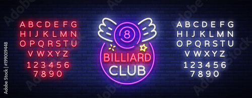 Pool bar logo in neon style. Neon sign design template for Billiard bar, club, beer and billiard light banner, night neon advertisement, design element. Vector illustration. Editing text neon sign