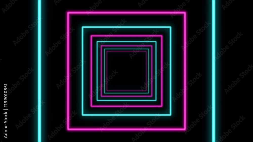 A teleportation 3d rendering of a square looking tunnel in the black background. It is multicolored and has turquoise and rosy objects placed in one long line. Loopable. A teleportation 3d rendering of a square looking tunnel in the black background. It is multicolored and has turquoise and rosy objects placed in one long line. Loopable.