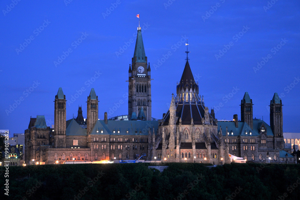 Parliament Buildings and Library at night, Ottawa, Ontario, Canada.