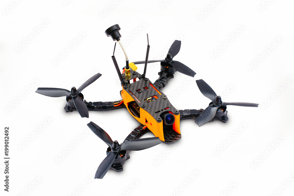 isolated drones racing FPV quadrocopter made of carbon black, drone ready for flight, stylish and modern hobby