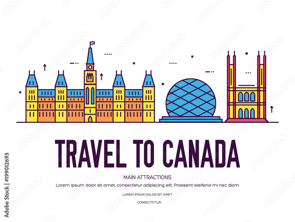 Country Canada travel vacation of place and feature. Set of architecture, item, nature background concept. Infographic traditional ethnic flat, outline, thin line icon