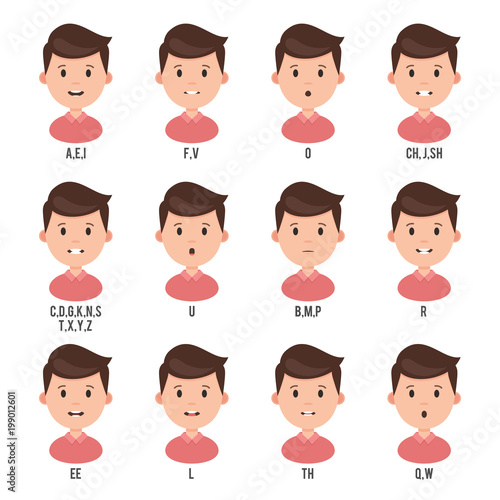 Character animation talk mouth. Male face set mouth sync for sound pronunciation. Vector illustration isolated on white background