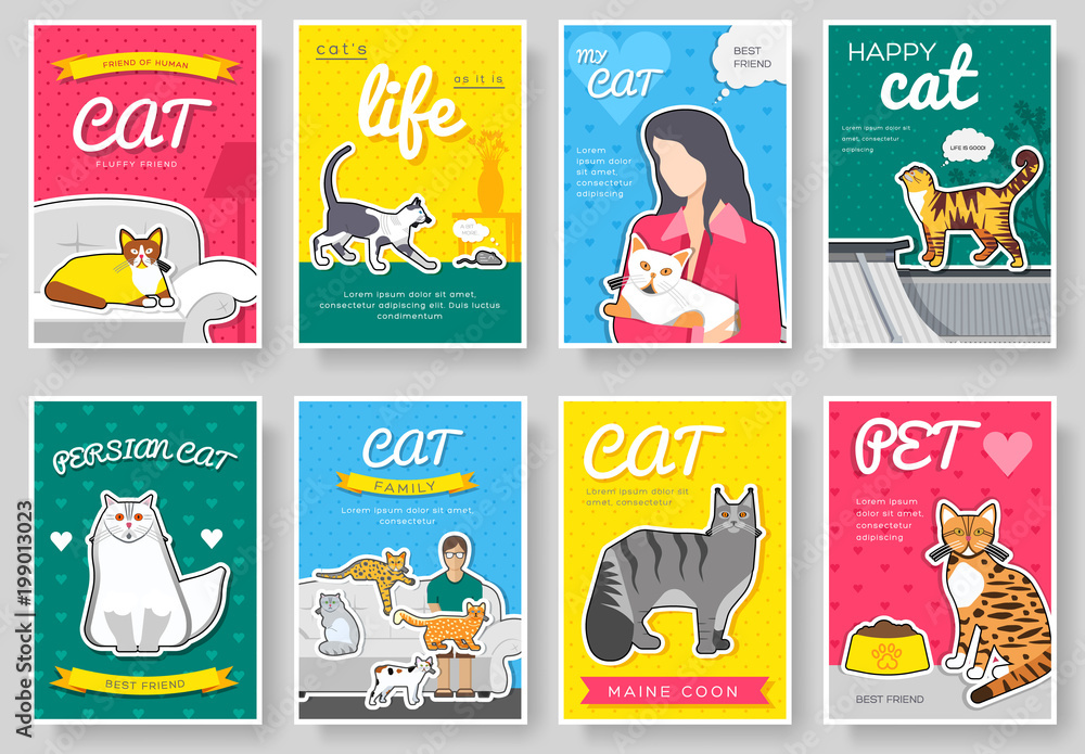 Fototapeta premium breed cats thin line brochure cards set. Animal traditional template of flyear, magazines, posters, book cover, banners. kitten outline invitation concept background. Layout quality modern pages