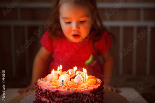 little girl in festive dress out the candles on the cake. the child s birthday.