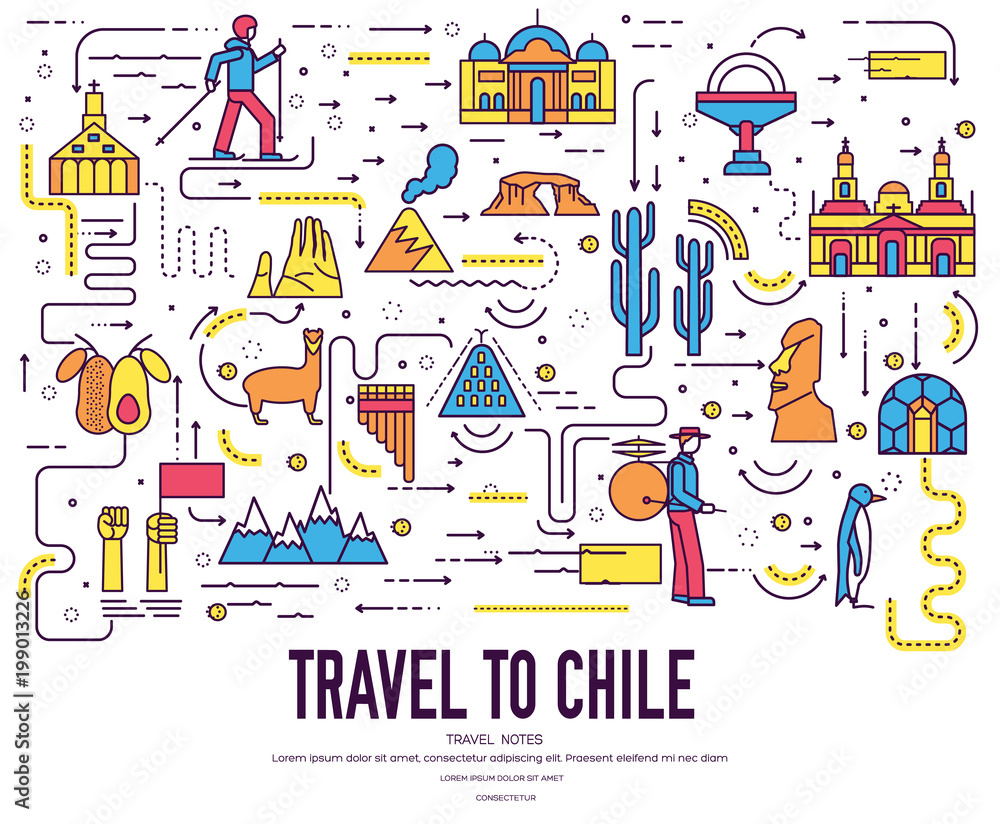 Country Chili travel vacation infographic of place and feature. Set of architecture, fashion, people, item, nature background concept. Infographic traditional ethnic flat, outline, thin line icon