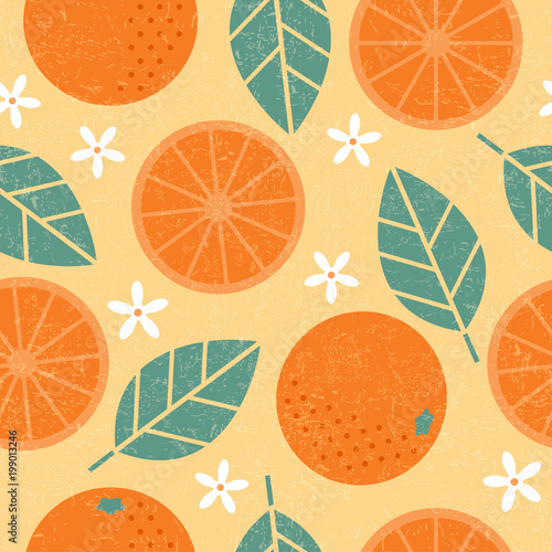Seamless pattern. Orange juicy fruits leaves and flowers on shabby background.