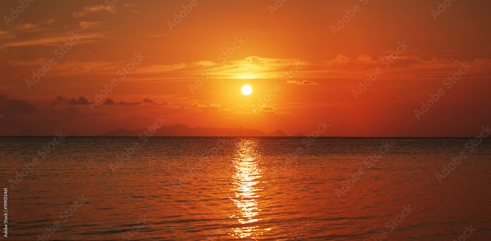 Orange red sunset in the sea on Koh Samui