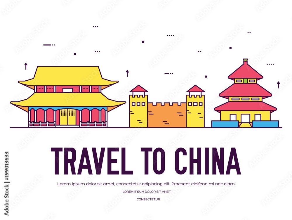 ountry China travel vacation of place and feature. Set of architecture, item, nature background concept. Infographic traditional ethnic flat, outline, thin line icon