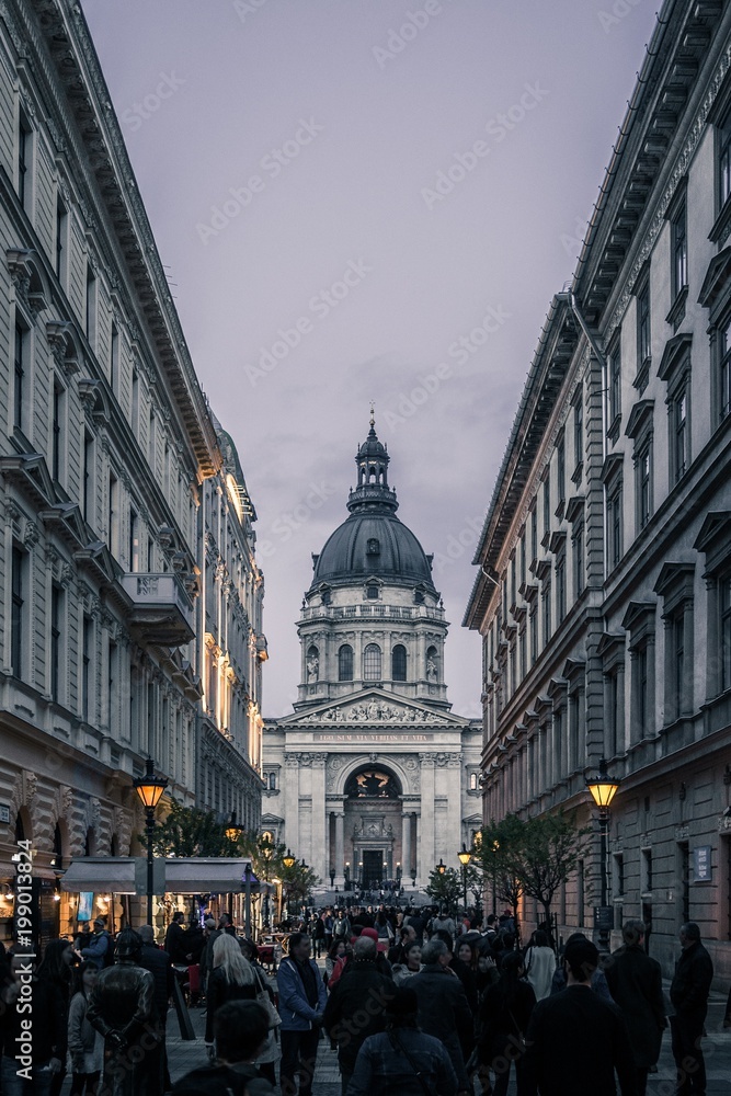 Night view of St. Stephen's Basilica, St. Stephen's Basilica in Budapest with people, Royal Palace of Budapest with people