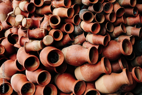 clay dishes on street market in Nepal.
