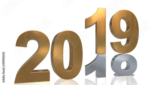 Jahreswechsel 3D Grafik - 2019 auf 2018 in Gold und Silber, gespiegelt vor weißem Hintergrund
