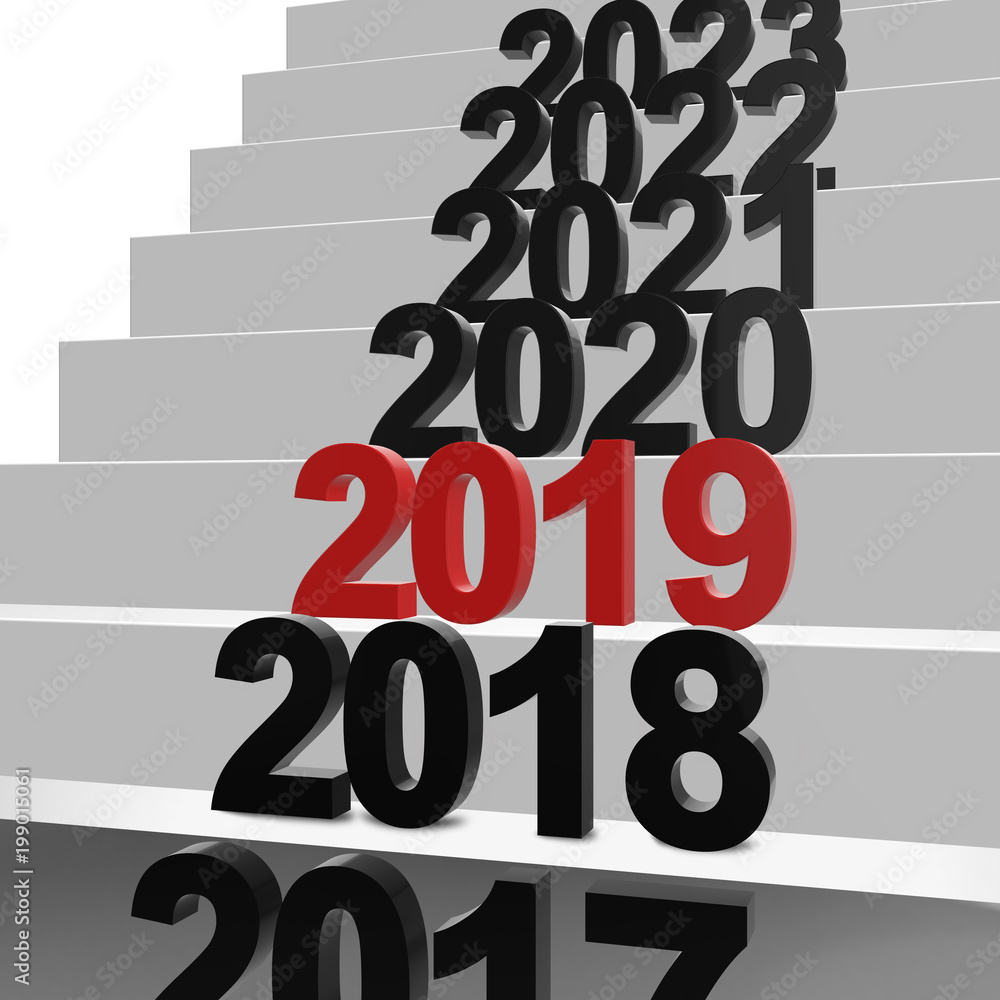 Illustrazione Stock Jahreswechsel 2019 mit Jahreszahlen auf einer Treppe |  Adobe Stock