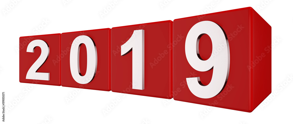 Jahreszahl 2019 in silber auf vier roten Würfeln Jahreszahl 2019 in silber auf vier roten Würfeln