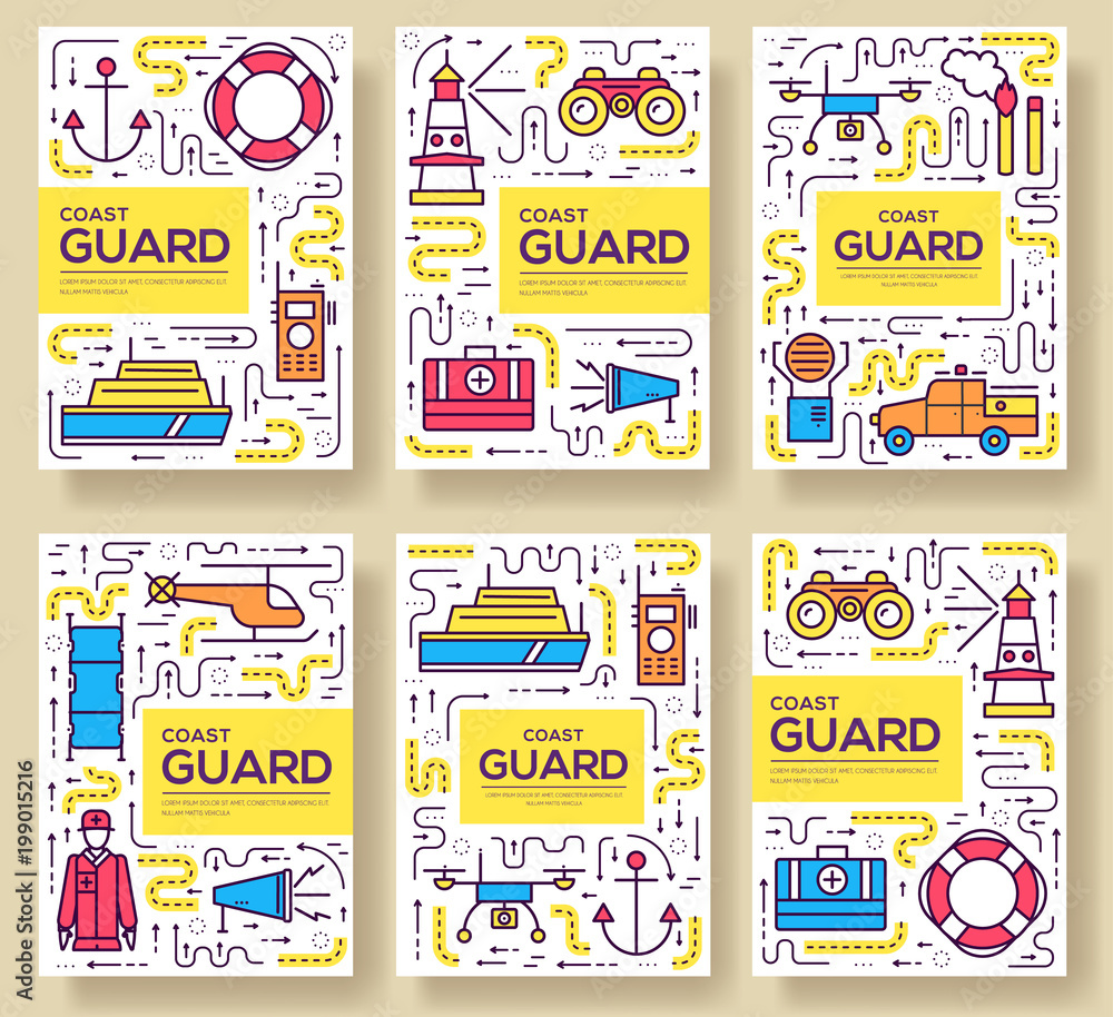coast guard vector brochure cards thin line set. Guarding the order template of flyear, magazines, posters, book cover, banners. Layout elements outline illustrations modern pages coast guard vector brochure cards thin line set. Guarding the order template of flyear, magazines, posters, book cover, banners. Layout elements outline illustrations modern pages