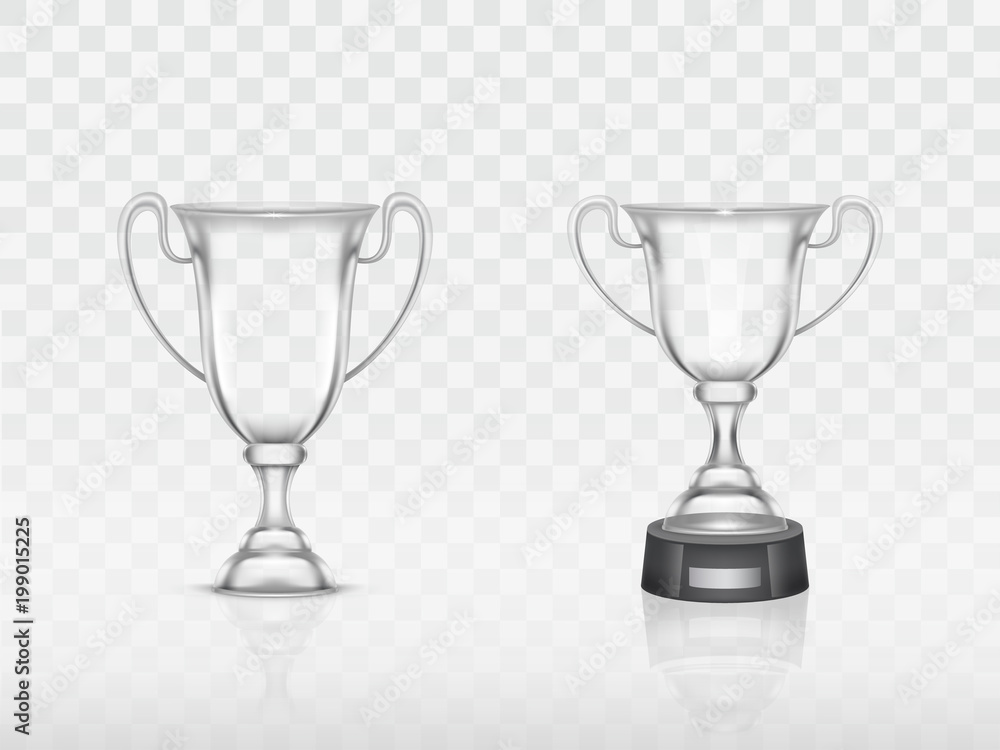 Vector 3d realistic cup, transparent glass trophy for winner of competition, championship. Shiny crystal goblet for success, victory. Reward, prize isolated on white background. Achievement design Vector 3d realistic cup, transparent glass trophy for winner of competition, championship. Shiny crystal goblet for success, victory. Reward, prize isolated on white background. Achievement design