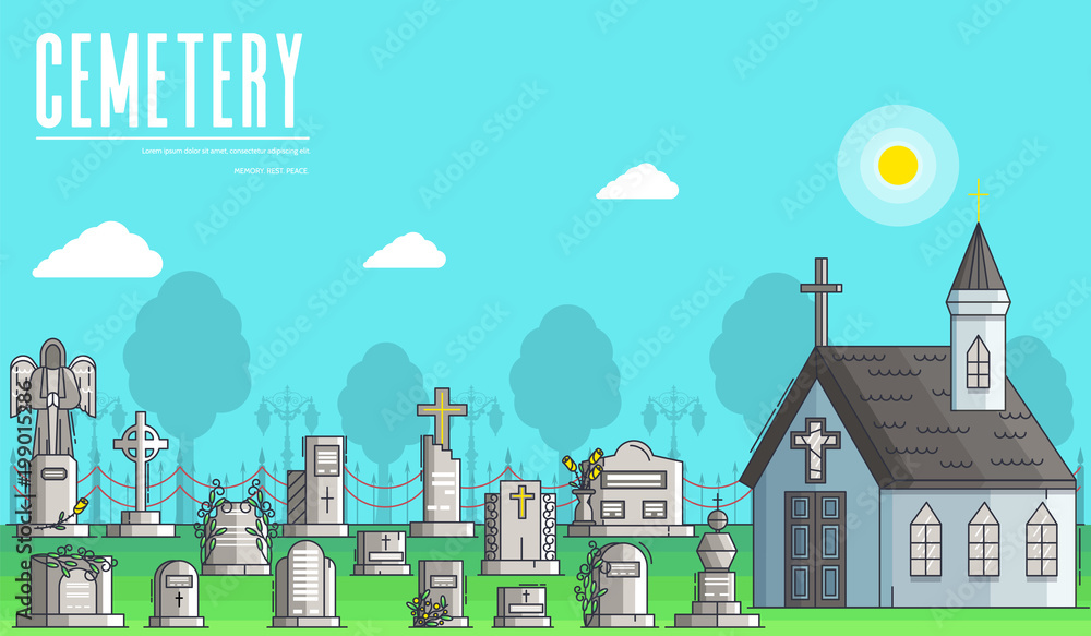 Cemetery with different graves and small Christian church in sunny day. Layout modern vector background illustration design concept