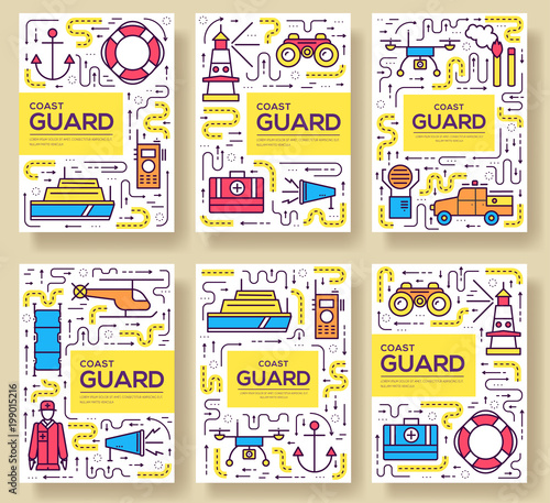 coast guard vector brochure cards thin line set. Guarding the order template of flyear, magazines, posters, book cover, banners. Layout  elements outline illustrations modern pages