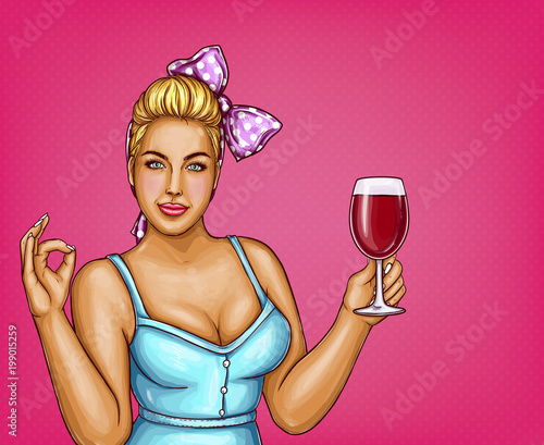 Vector blonde overweight woman holds glass of wine. Fat lady in blue blouse, bow-knot. Sommelier with beverage, alcohol drink isolated on pink dotted background, pop art plus size model with OK sign.