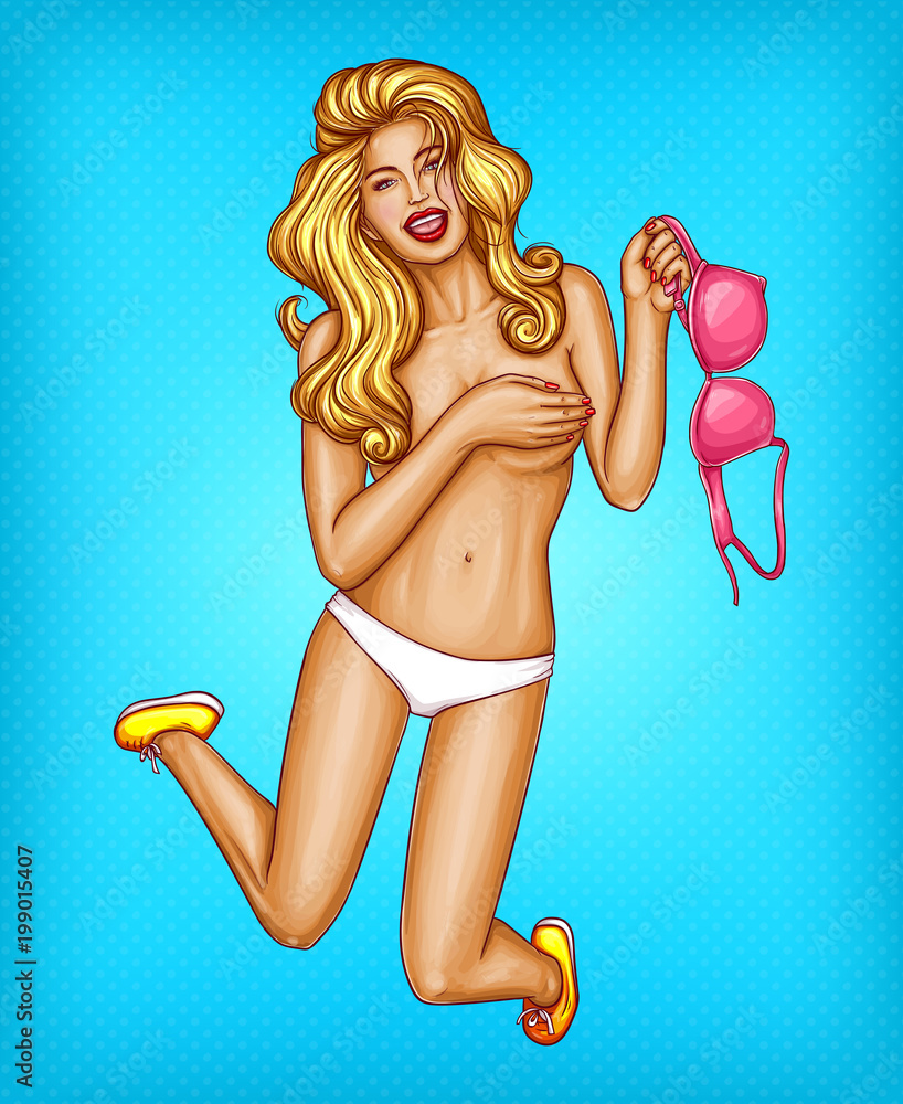 Vector pop art nude blonde girl covers her breast with palm, holds her bra  in jump. Sexy young female character for summer sale, advertising, promo on  blue dotted background Stock Vector