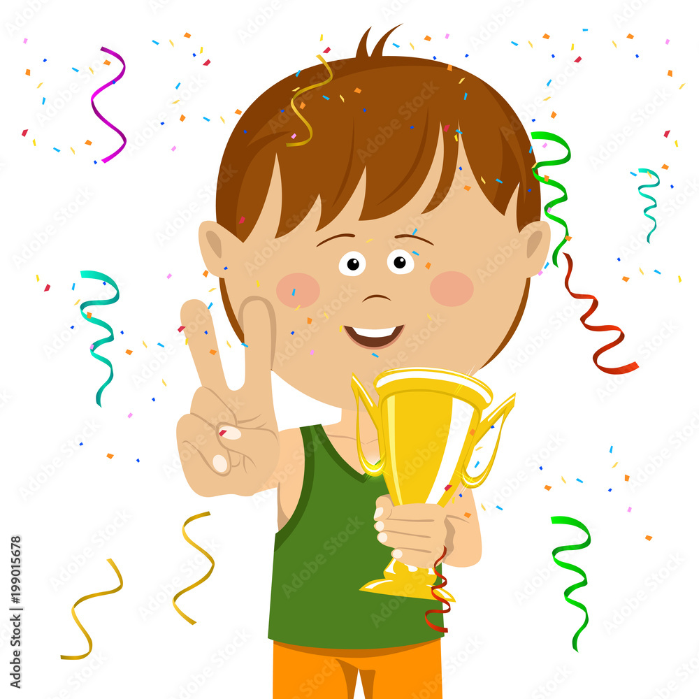 Φωτογραφία Cute happy little boy wearing sports wear holding a gold cup trophy showing vict