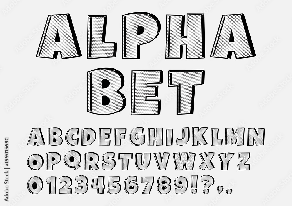 Black and white graphic font, alphabet and numbers. Vector illustration