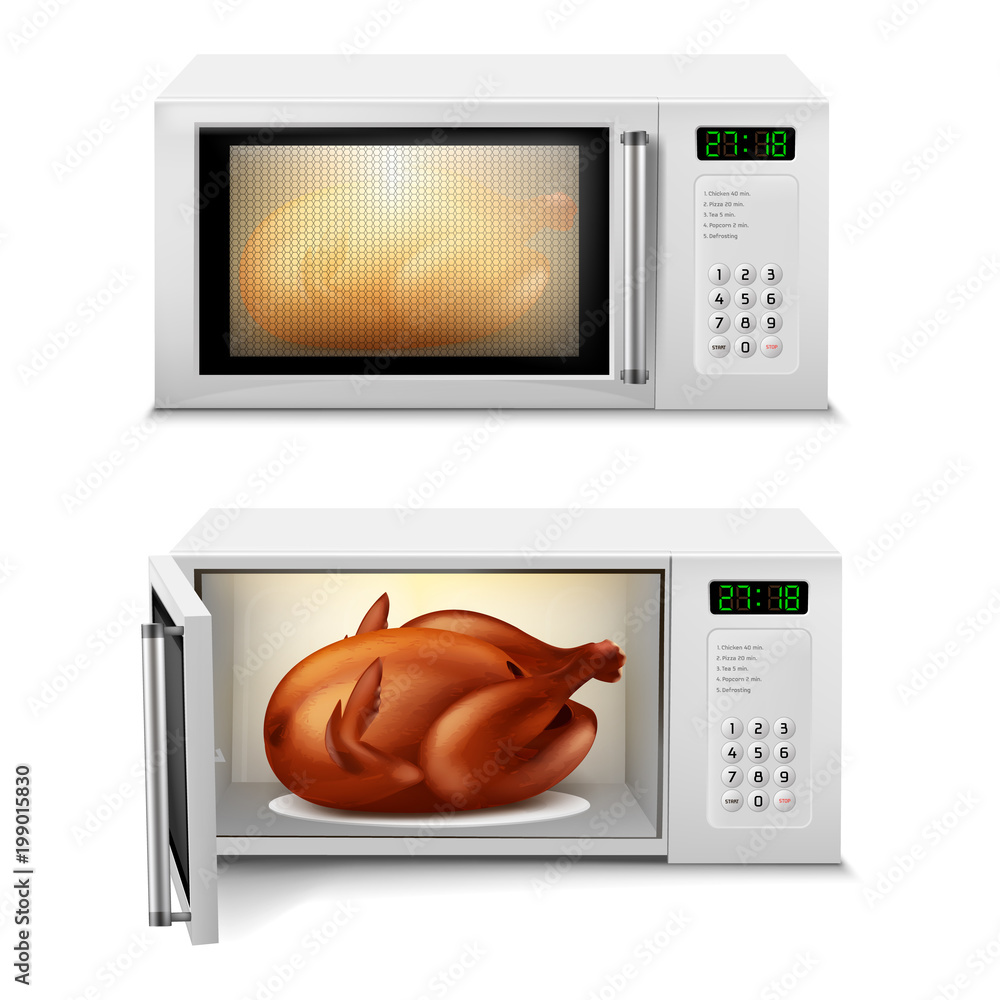 Vecteur Stock Vector 3d realistic microwave oven with roasted turkey or  chicken inside, with open and close door, front view isolated on  background. Household appliance for cooking, heating and defrosting food