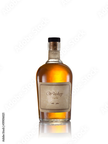 SELF MADE LABLE. NO LOGO. NO TRADEMARK!    Close up view of bottle of whiskey on white back