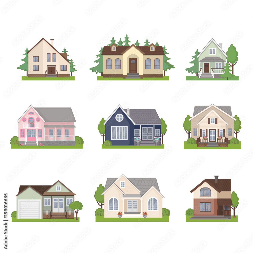 Fototapeta premium Set of cottage house icons in flat style.