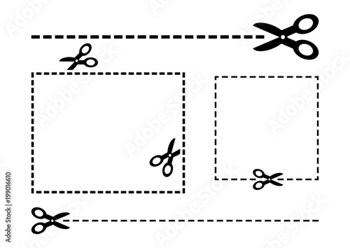 Scissors set. Coupon border. Black scissors and cut lines. Cut out coupon rectangle. Vector illustration