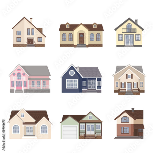 Set of cottage house icons in flat style.
