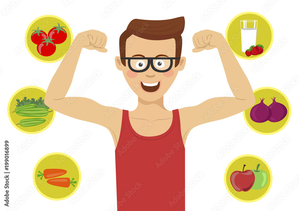 Εκτύπωση καμβά Young nerd man with glasses showing his muscles against healthy food